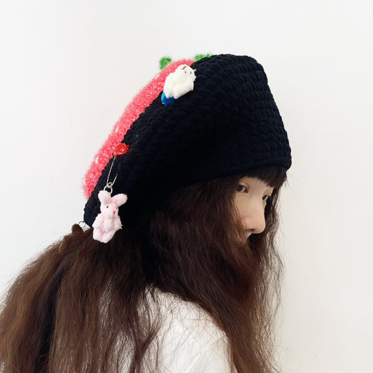 STRAWBERRY KNIT BERET / BLACK / ストロベリーニットベレー