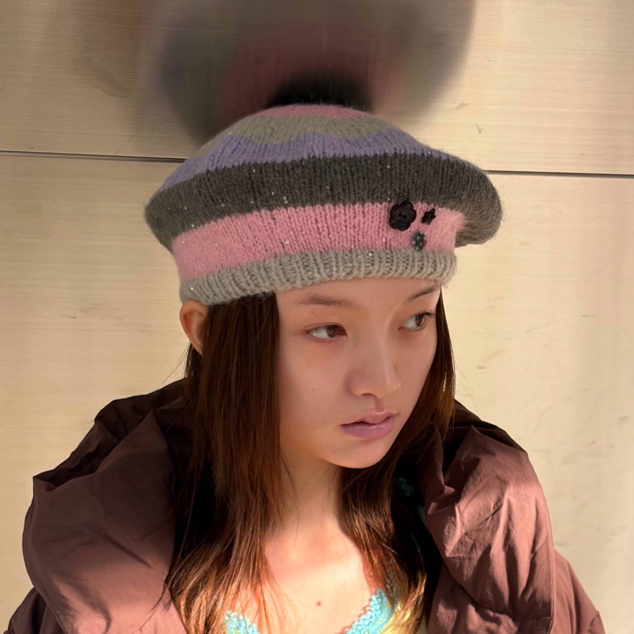 Stripe Button Knit Beret / Purple / ストライプベレー | シープ