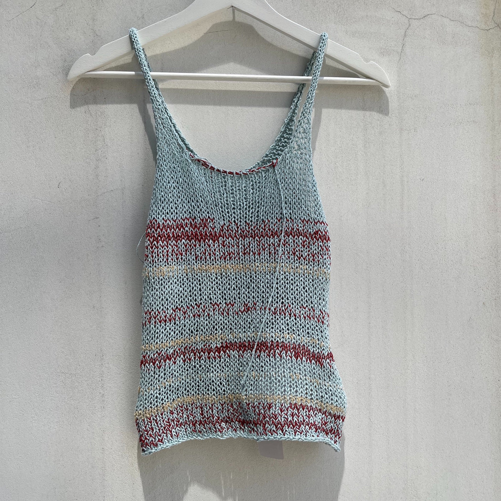 summer hand knit camisole / light blue red / サマーニット