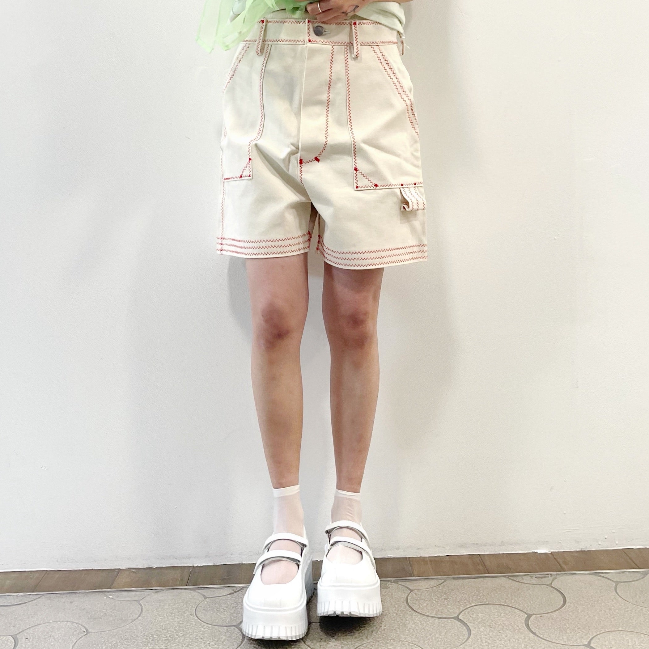 zig zag stitch short pants / off white × red / ステッチショートパンツ / | シープ / SHEEP  | osakentaro