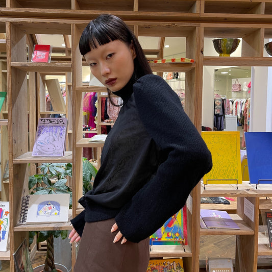 rib chiffon top / black / タートルネック