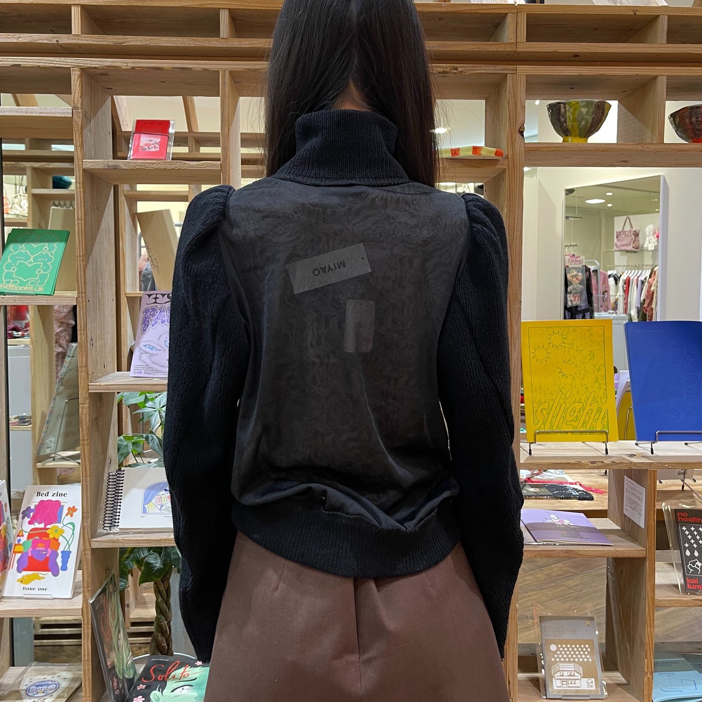 rib chiffon top / black / タートルネック