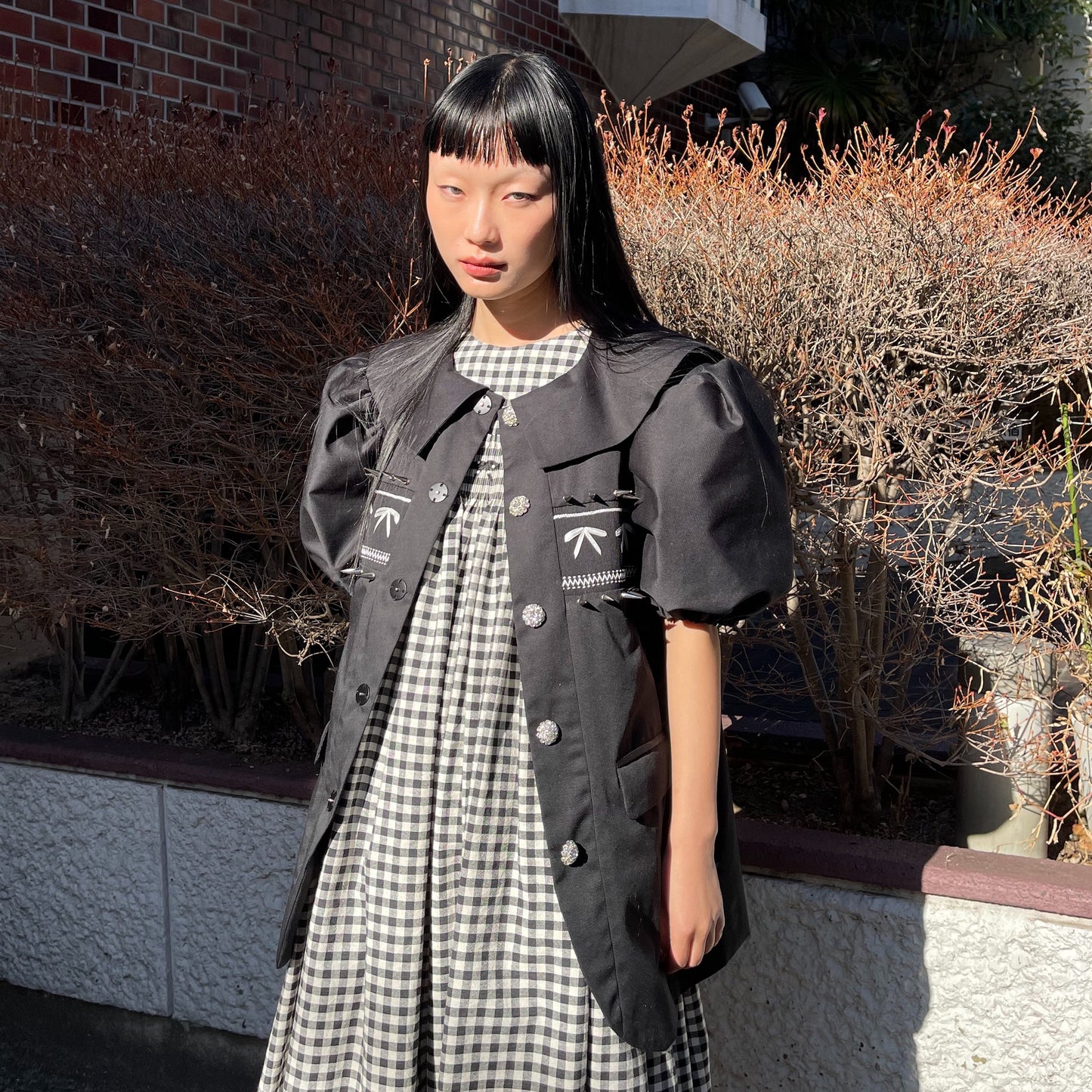 EMILY YV / Puff sleeve stud jacket / Black/ パフスリーブ