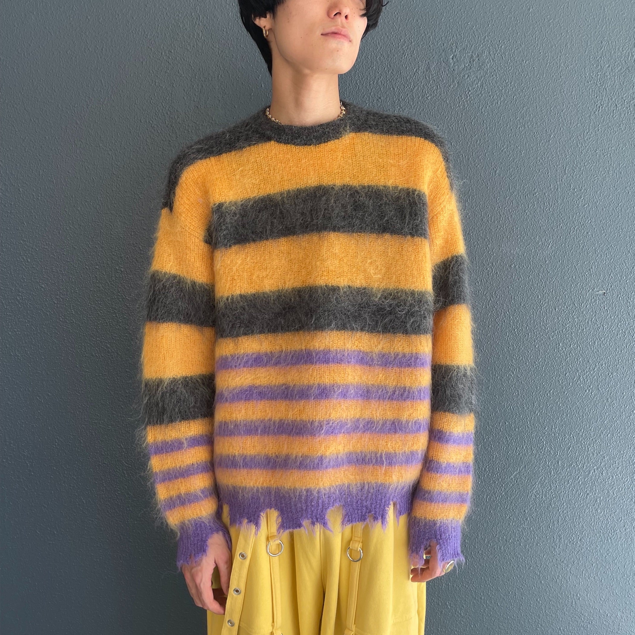 MOHAIR BORDER KNIT / GREY × YELLOW × PURPLE / モヘア