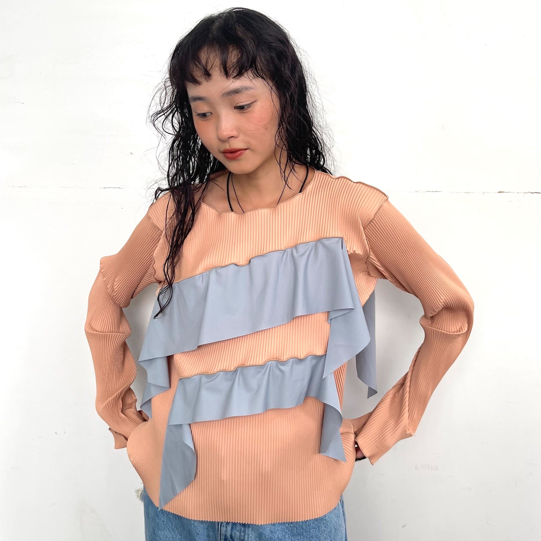 Todo wave long sleeve top / Beige / プリーツトップ / ロングスリーブ