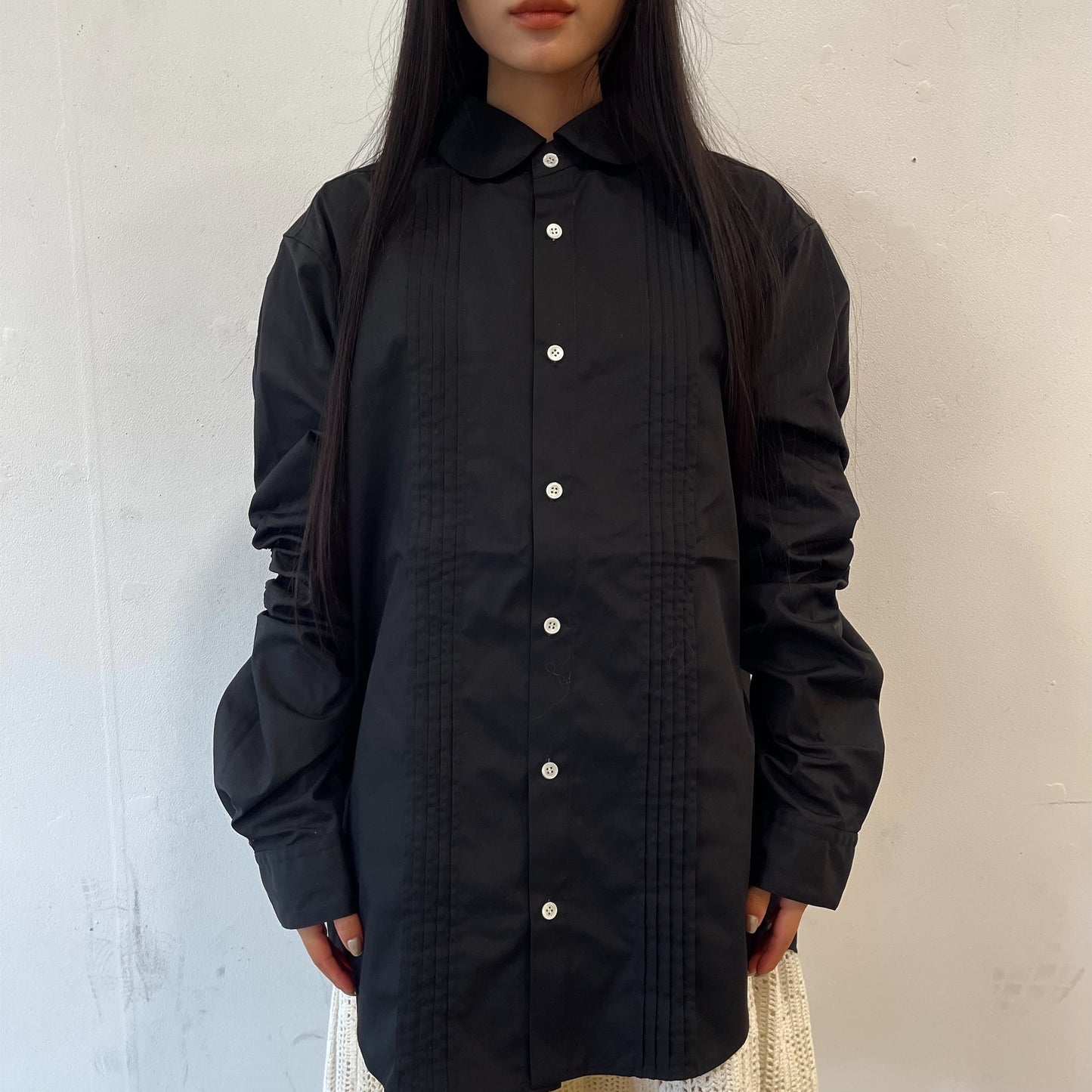 EG pin tucked Shirts / Black / ピンタック丸襟シャツ