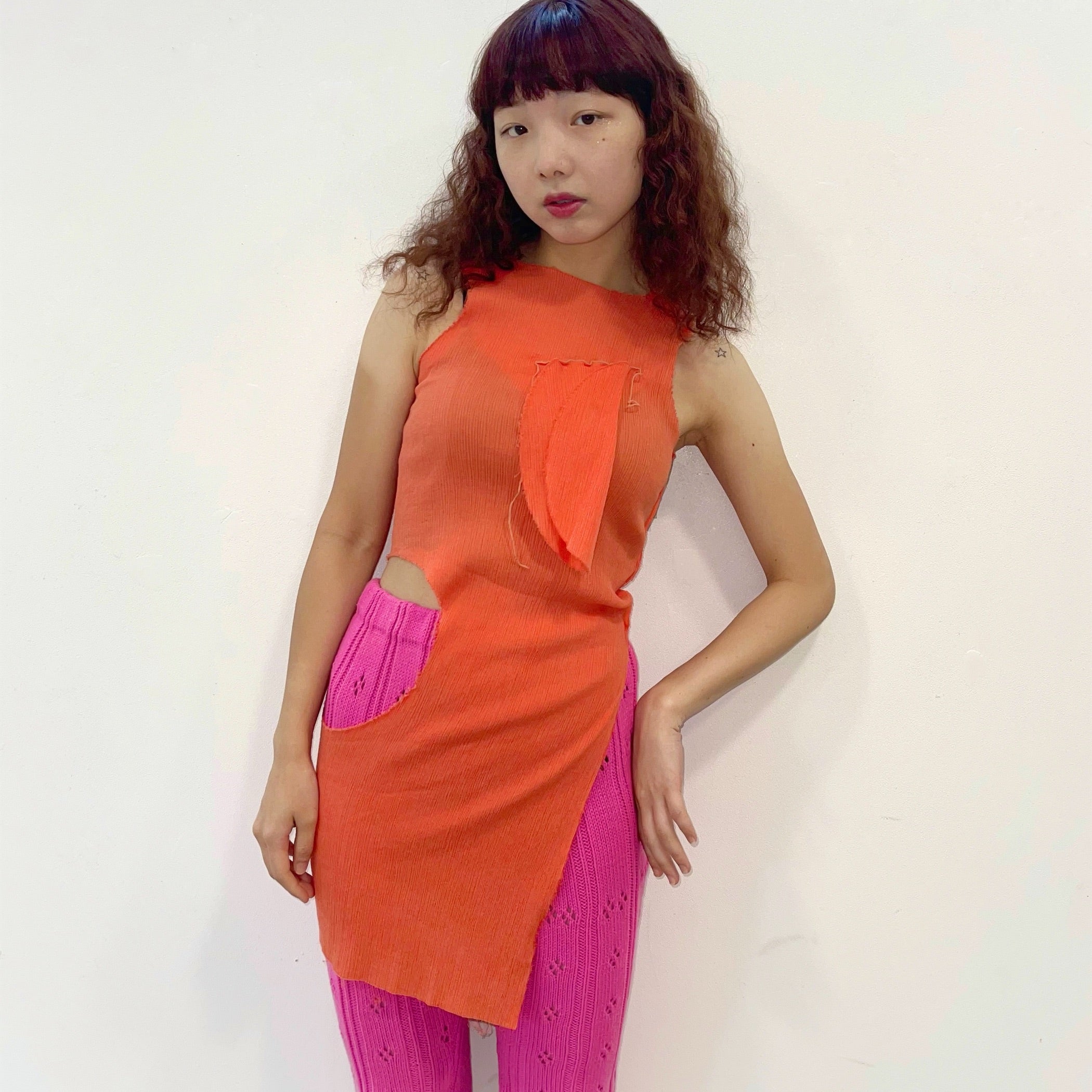 Cotton yoryu long tank top / Orange / todo / 楊柳ロングタンク 