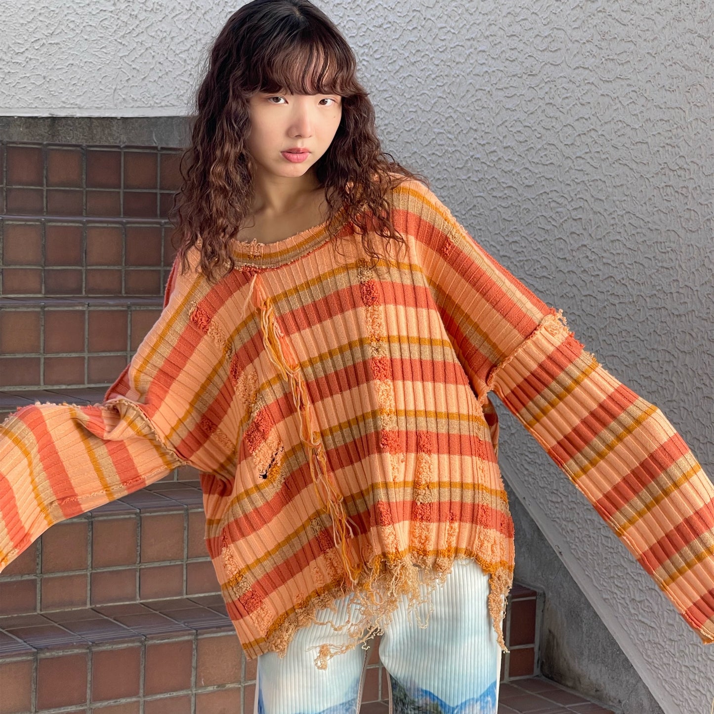 border knit top / orange / ダメージニットトップ