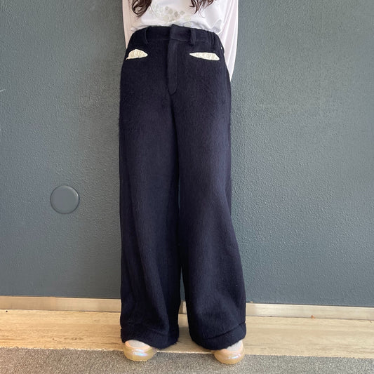 hairy wool maxi pants / navy / ウールマキシパンツ