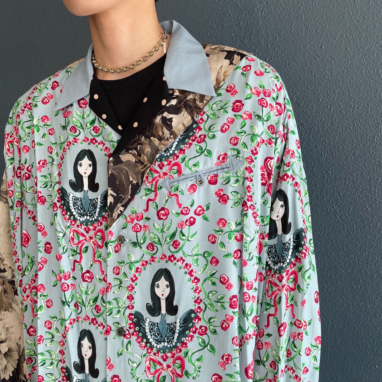 SLASH OPEN COLLAR SHIRT GIRL PRINT PATTERN & DOT PATTERN / BLUE GIRL / ボウタイプリントシャツ