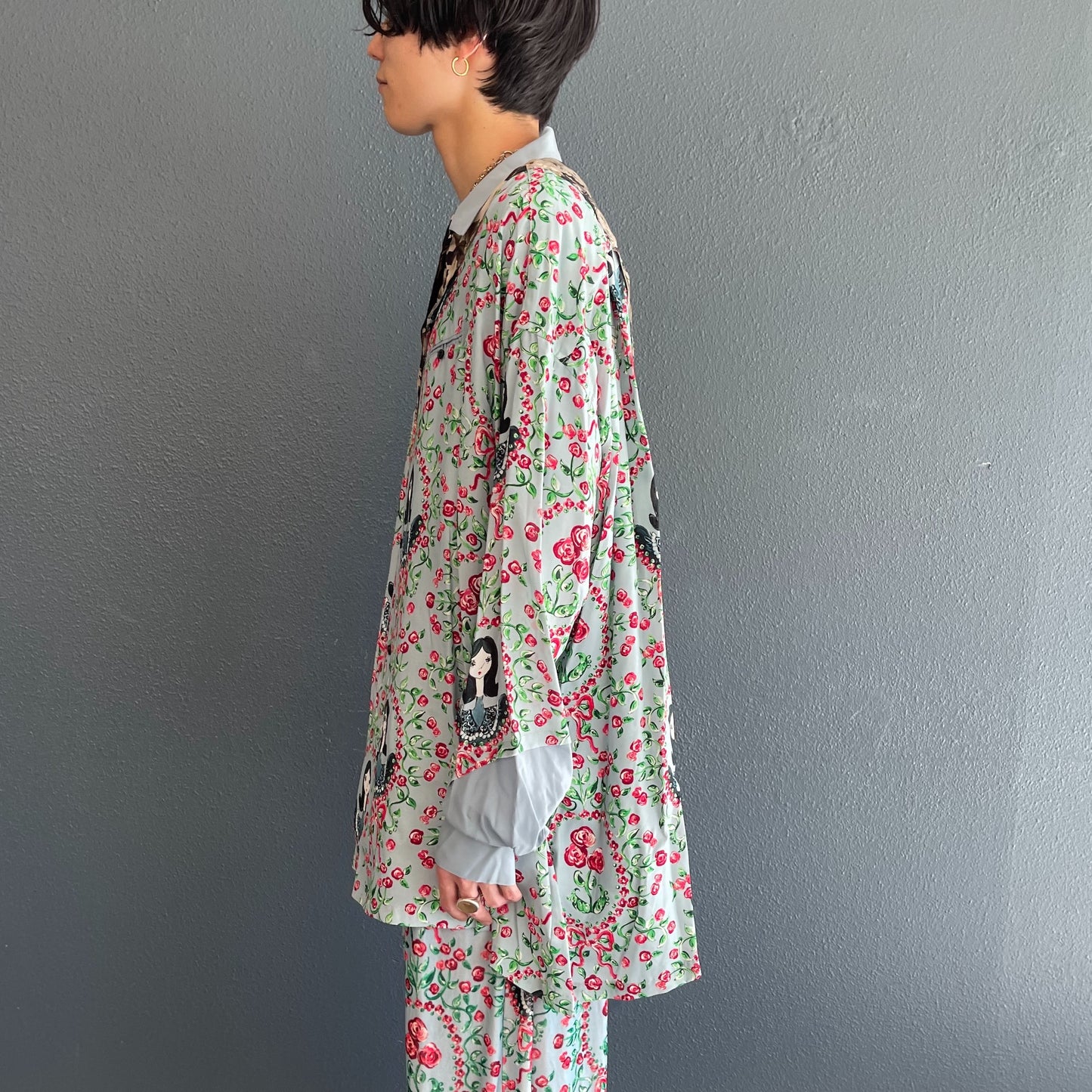 SLASH OPEN COLLAR SHIRT GIRL PRINT PATTERN & DOT PATTERN / BLUE GIRL / ボウタイプリントシャツ