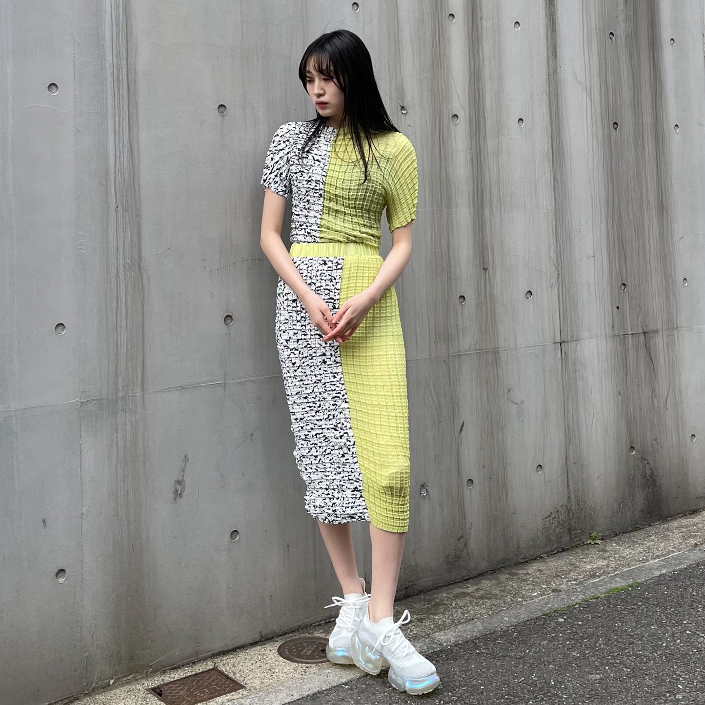 3D brush tops / lime / プリーツトップス