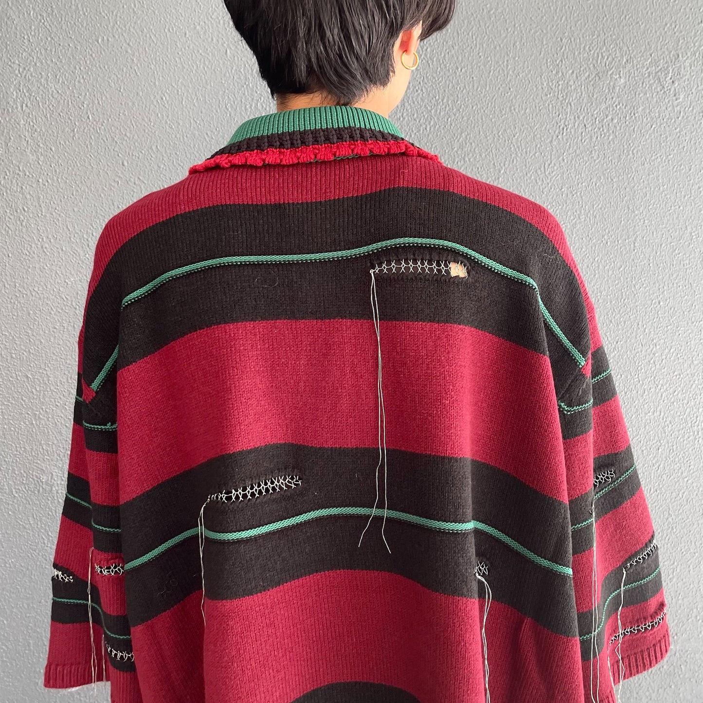 OVERSIZD BORDER POLO KNIT COLLAB WITH rurumu: / BLACK × DARK RED / ボーダーニットポロ