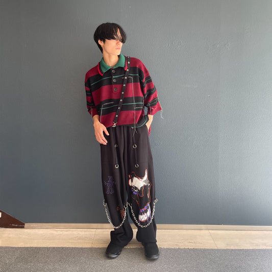 OVERSIZD BORDER POLO KNIT COLLAB WITH rurumu: / BLACK × DARK RED / ボーダーニットポロ