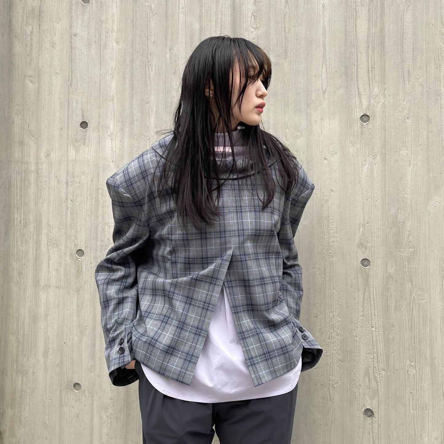 MIKIOSAKABE / LOOK BACK SHORT JACKET / GRAY/BLUE CHECK / ドロップショルダー