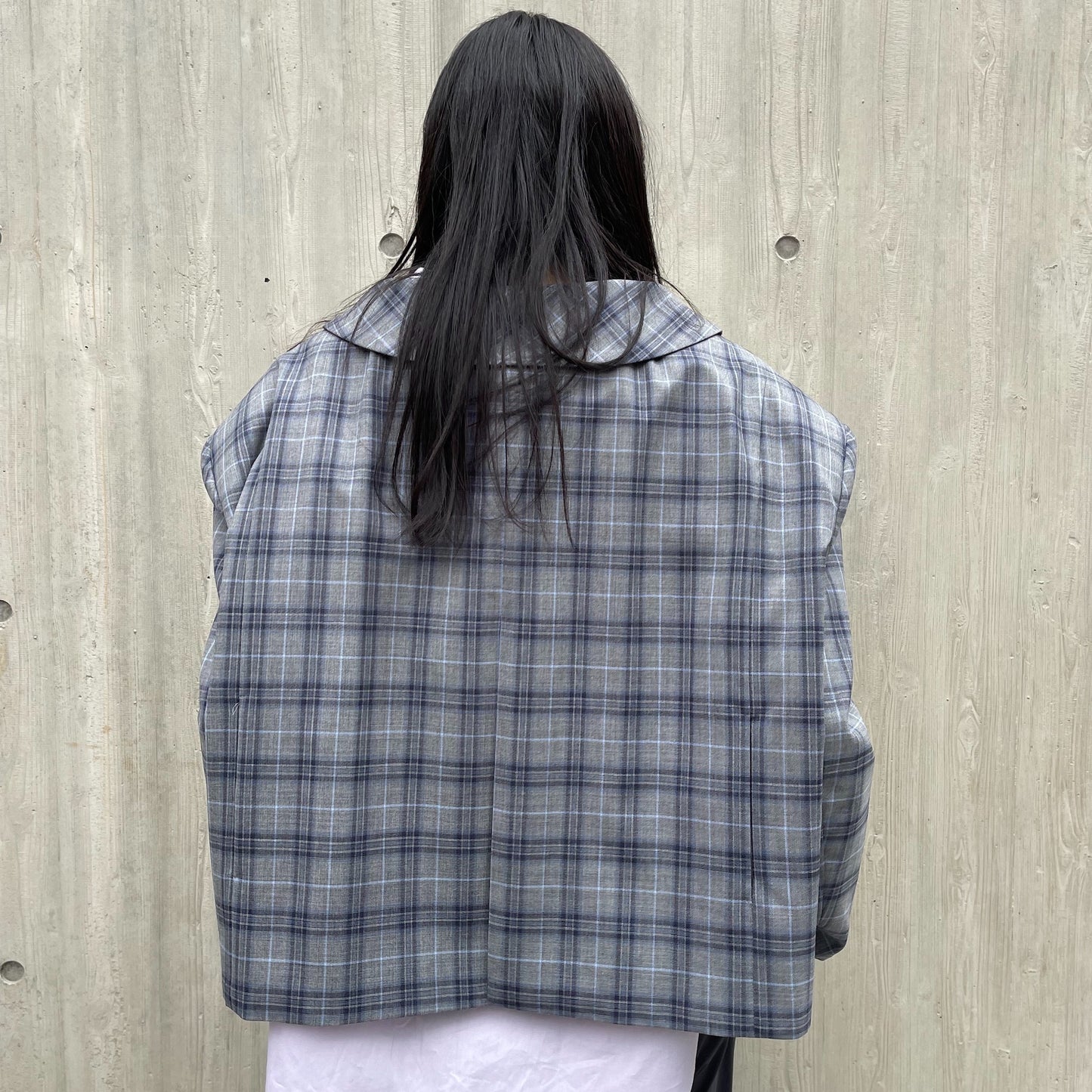 MIKIOSAKABE / LOOK BACK SHORT JACKET / GRAY/BLUE CHECK / ドロップショルダー