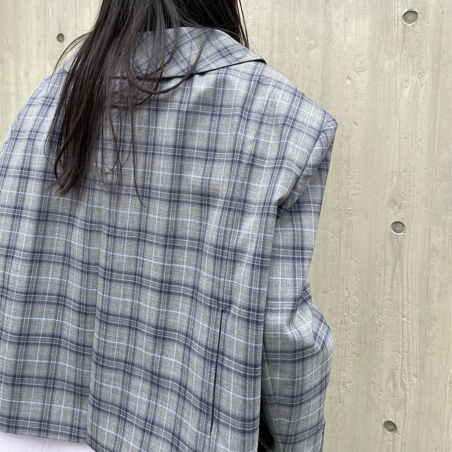 MIKIOSAKABE / LOOK BACK SHORT JACKET / GRAY/BLUE CHECK / ドロップショルダー
