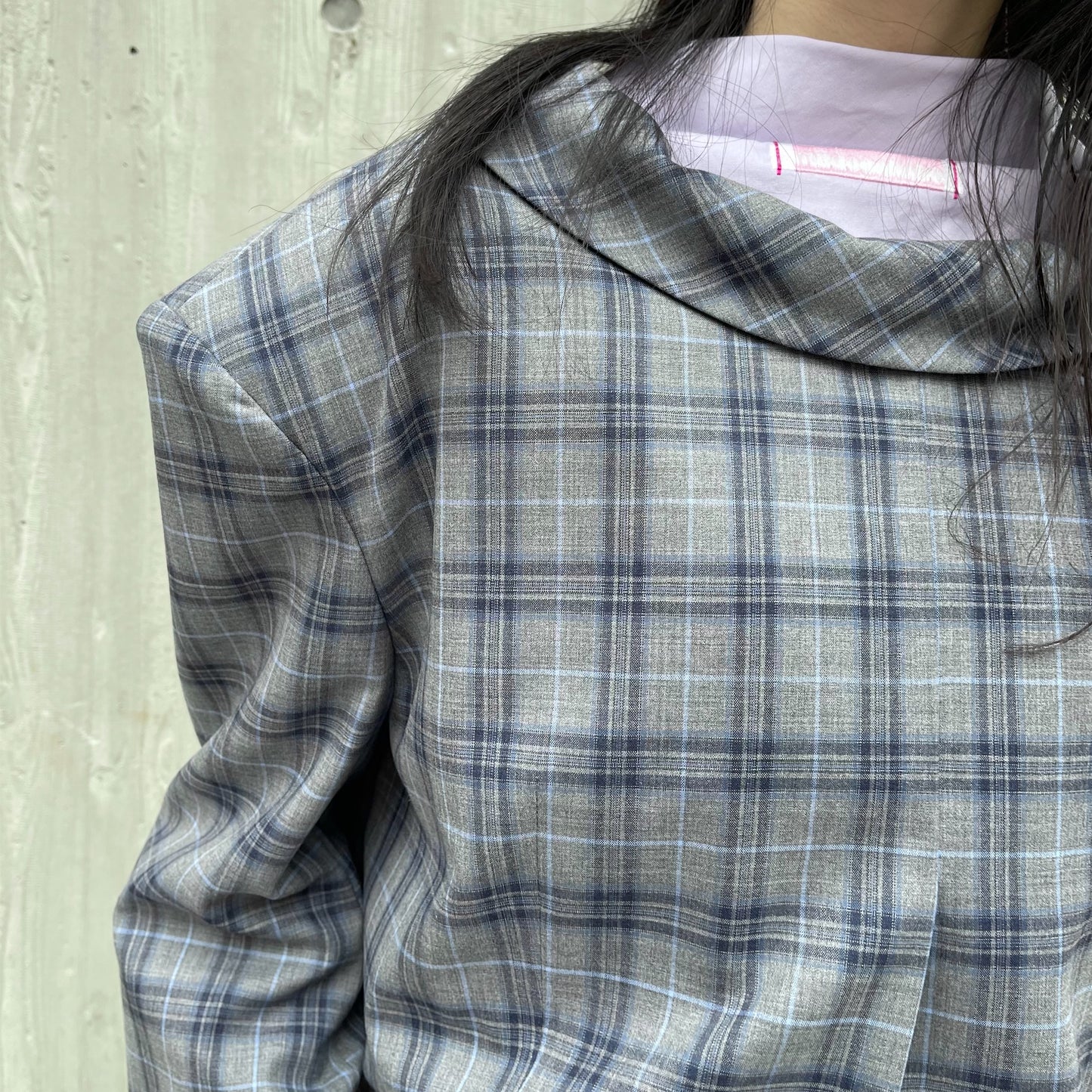 MIKIOSAKABE / LOOK BACK SHORT JACKET / GRAY/BLUE CHECK / ドロップショルダー