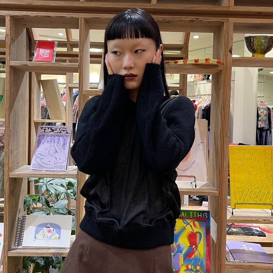 rib chiffon tops / black / Vネックトップ