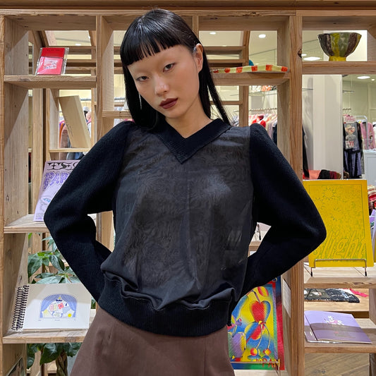 rib chiffon tops / black / Vネックトップ
