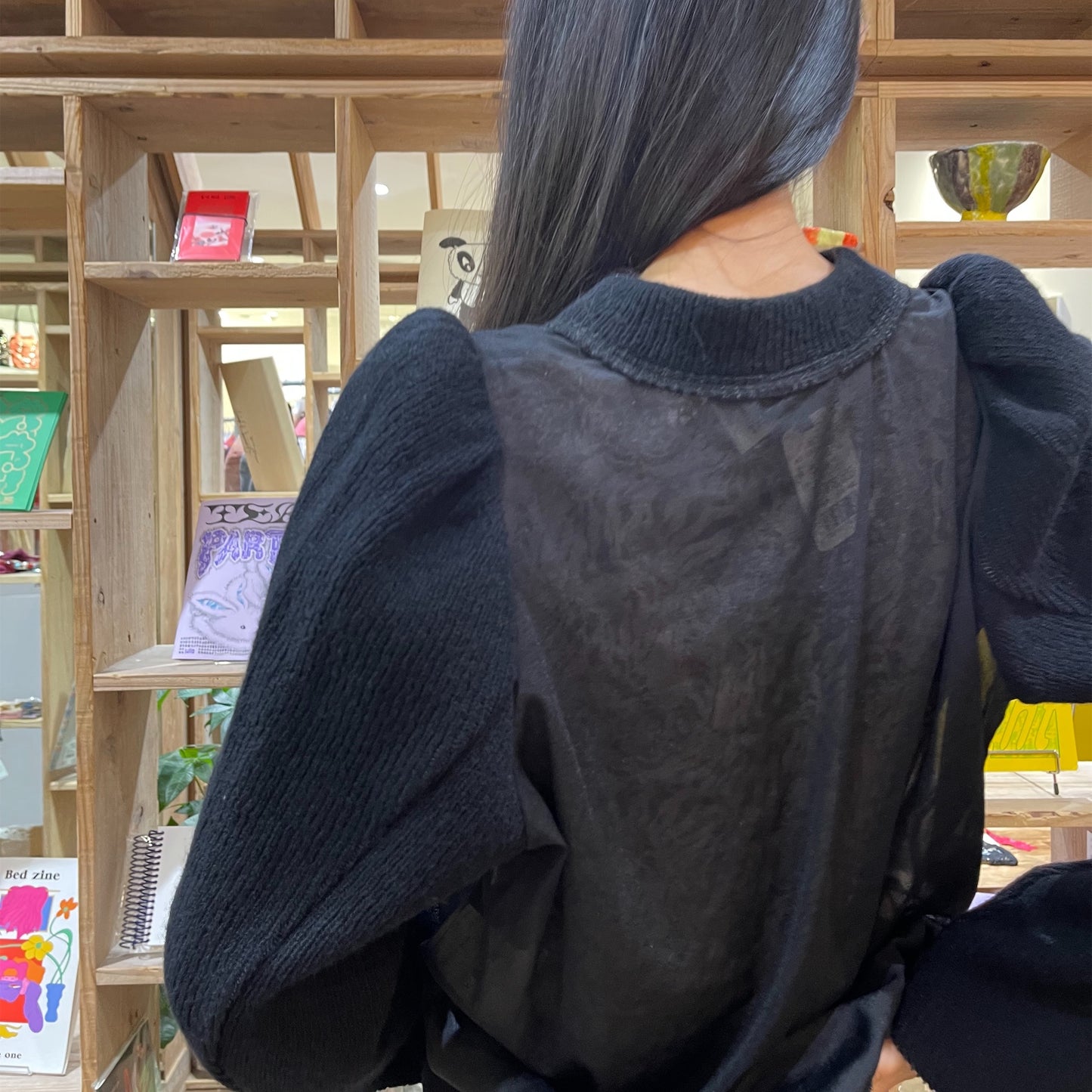 rib chiffon tops / black / Vネックトップ