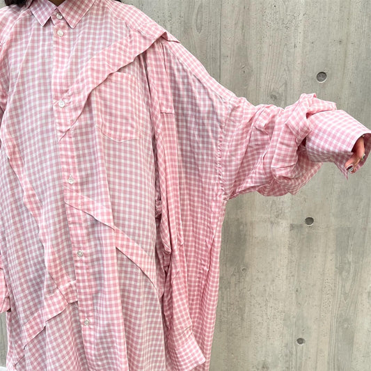 【SHEEP別注】Chaos Oversize Shirts / Pink Check / アシンメトリーシャツワンピース