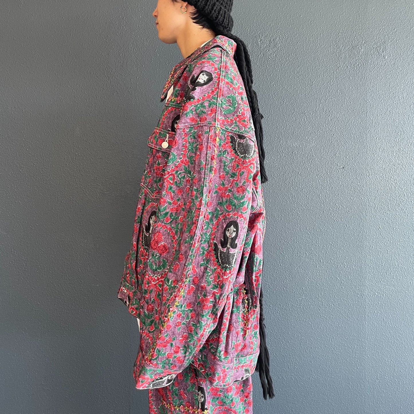 TUCK DENIM JACKET GIRL PRINT PATTERN / PINK / プリントデニムジャケット
