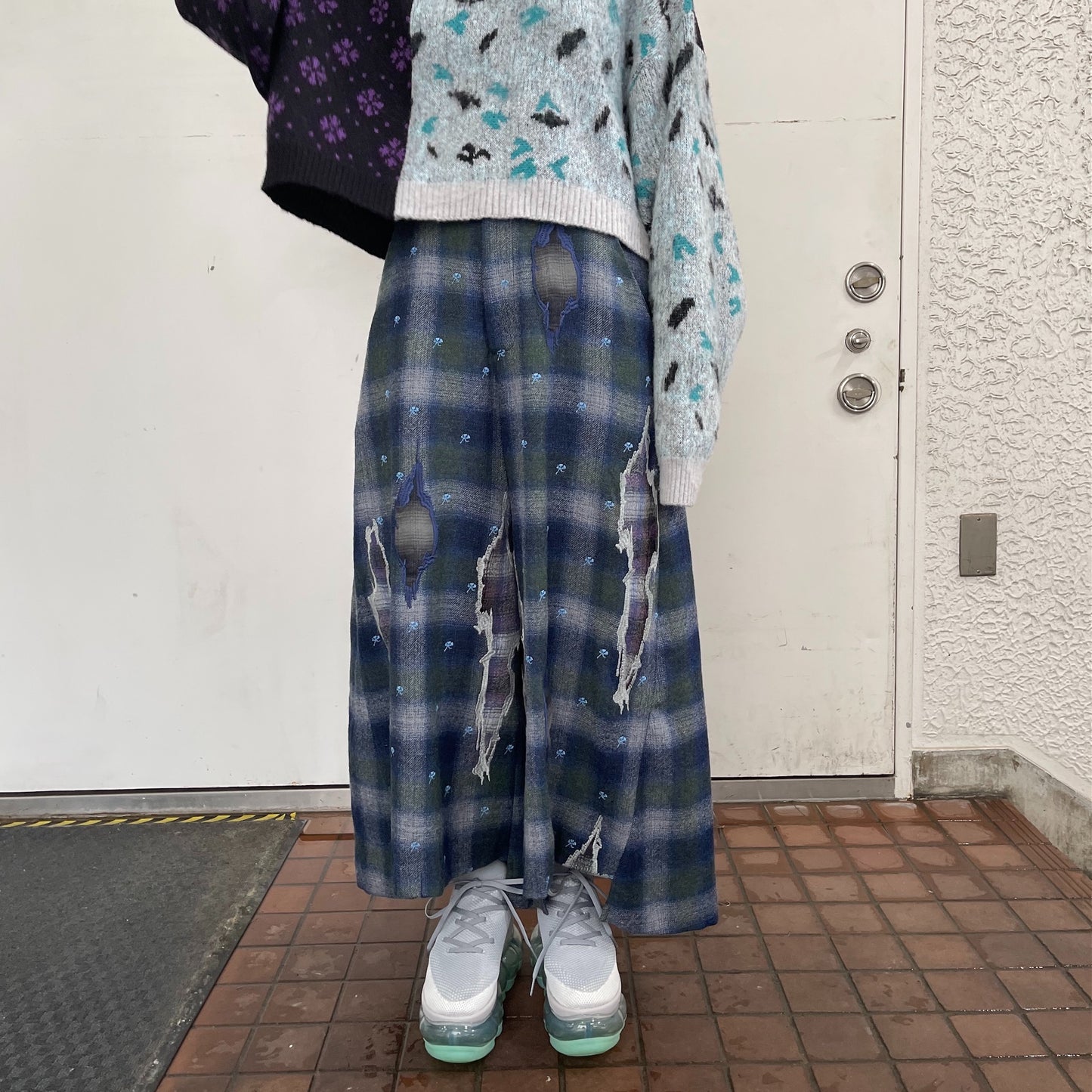 MIKIOSAKABE / WALL PAPER WIDE PANTS / BLUE CHECK / 刺繍