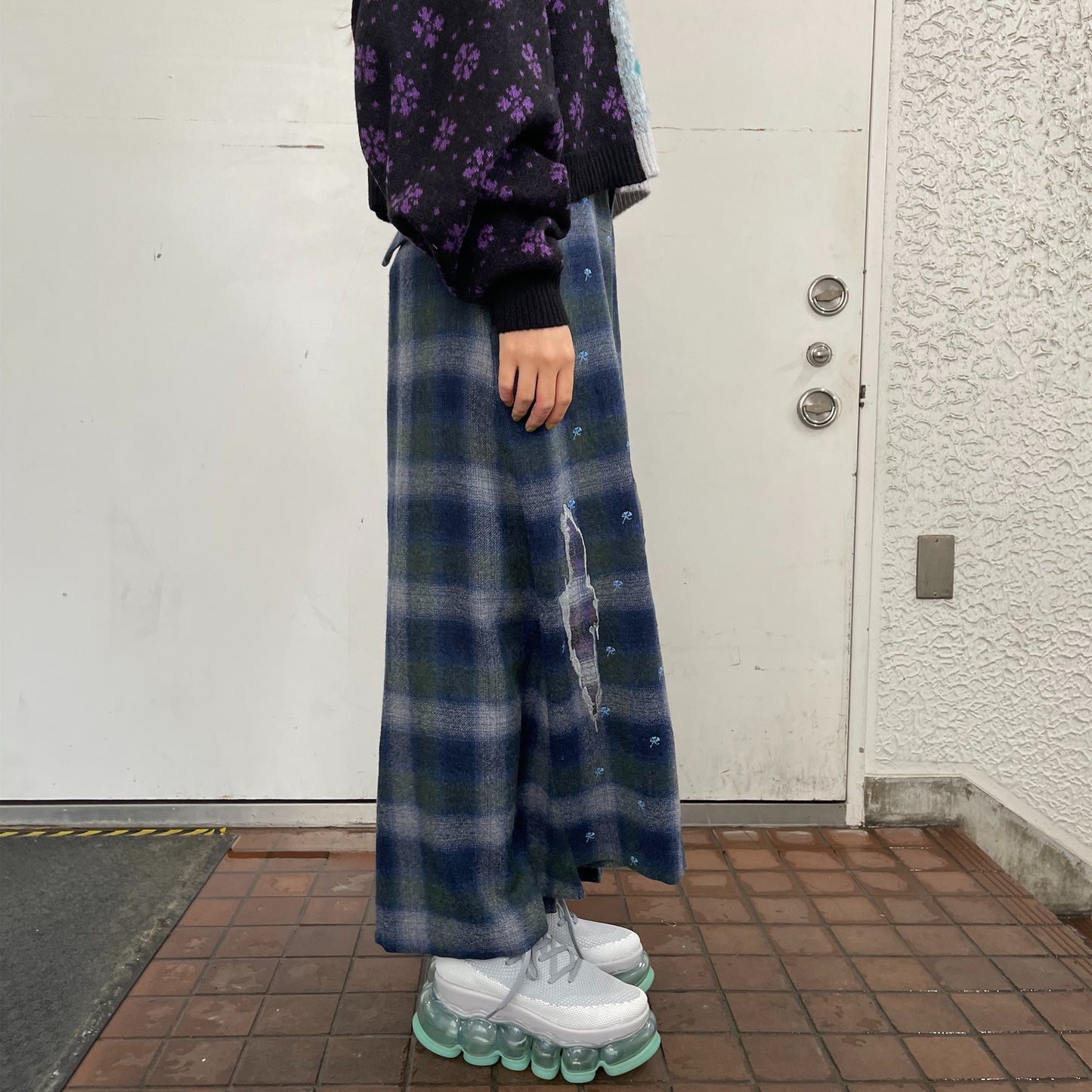 MIKIOSAKABE / WALL PAPER WIDE PANTS / BLUE CHECK / 刺繍