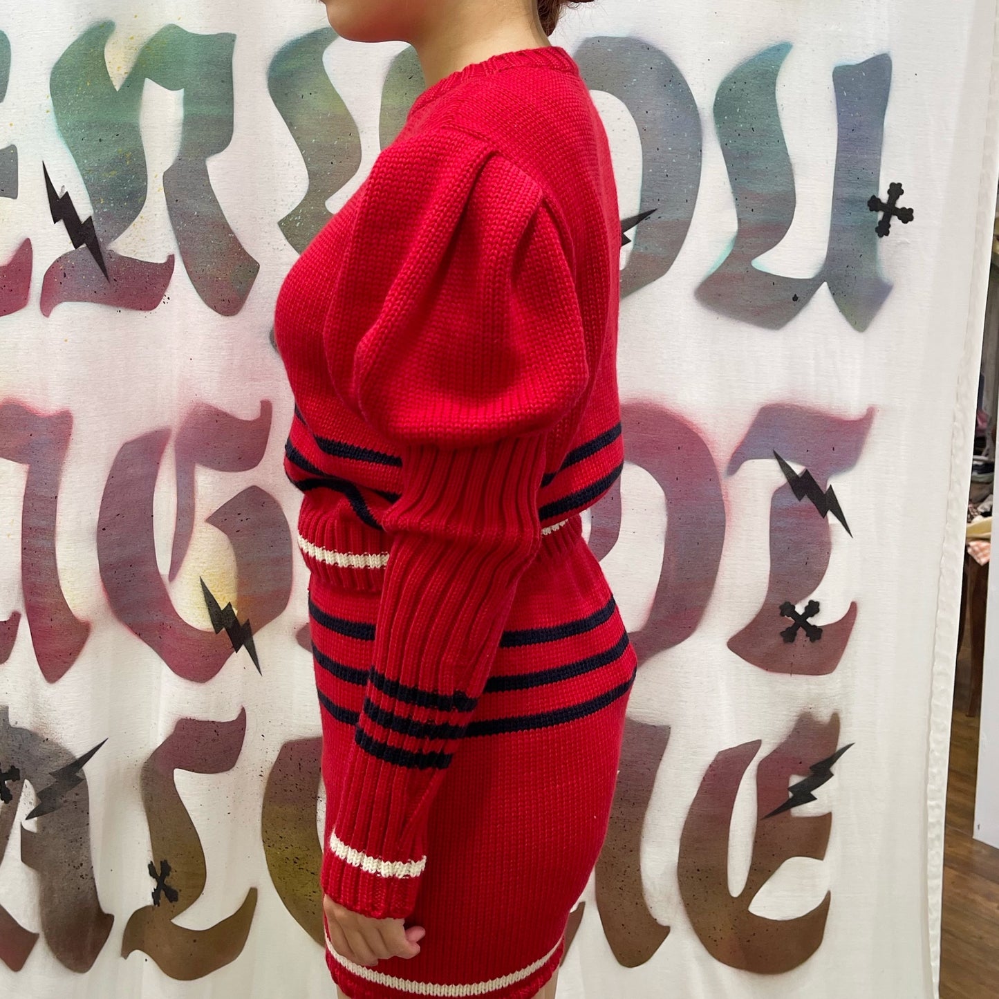 Cheerleader knit tops / RED / パフスリーブニットトップス