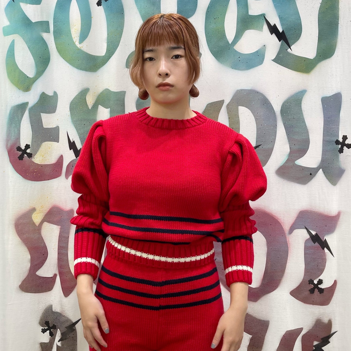 Cheerleader knit tops / RED / パフスリーブニットトップス