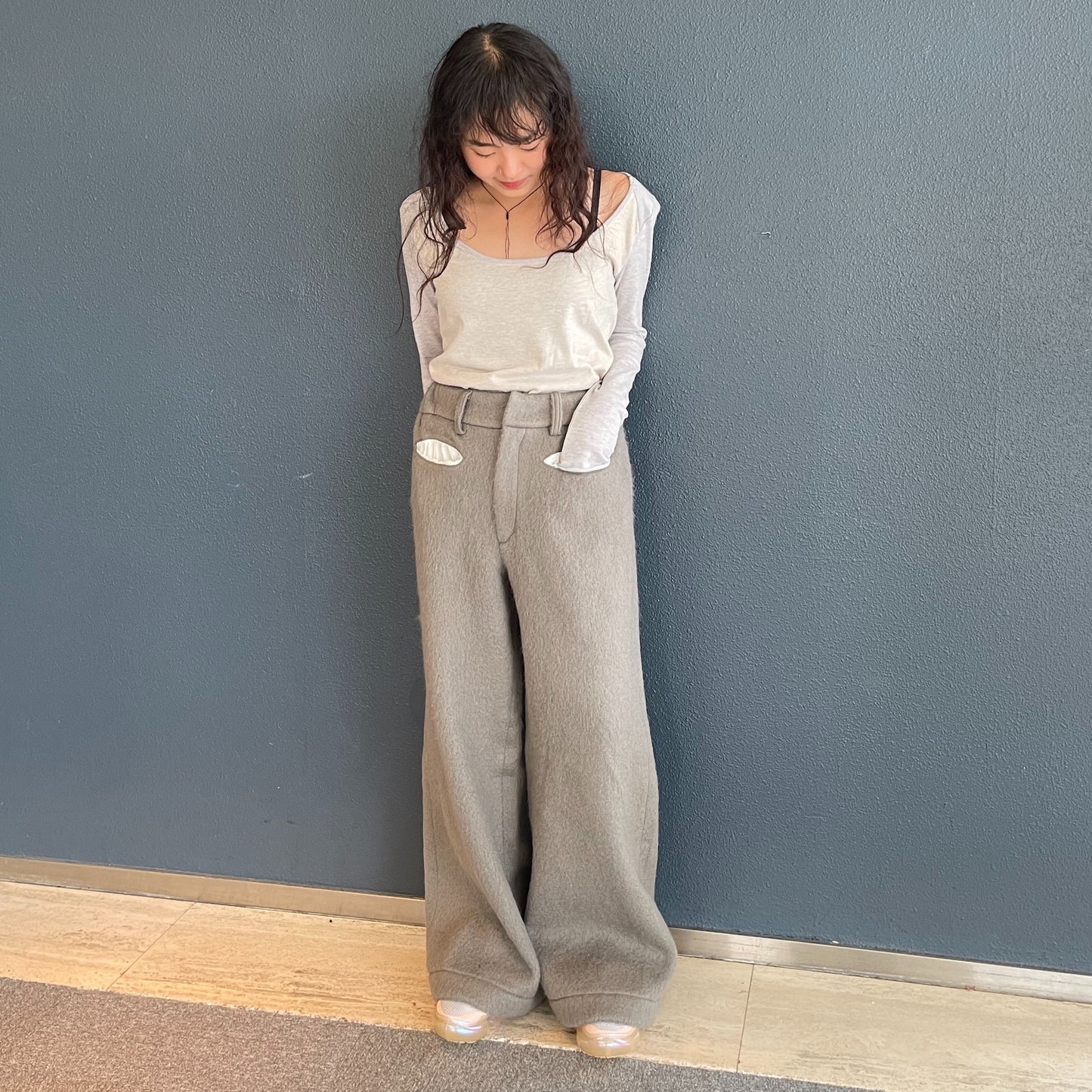 hairy wool maxi pants / beige / ウールマキシパンツ