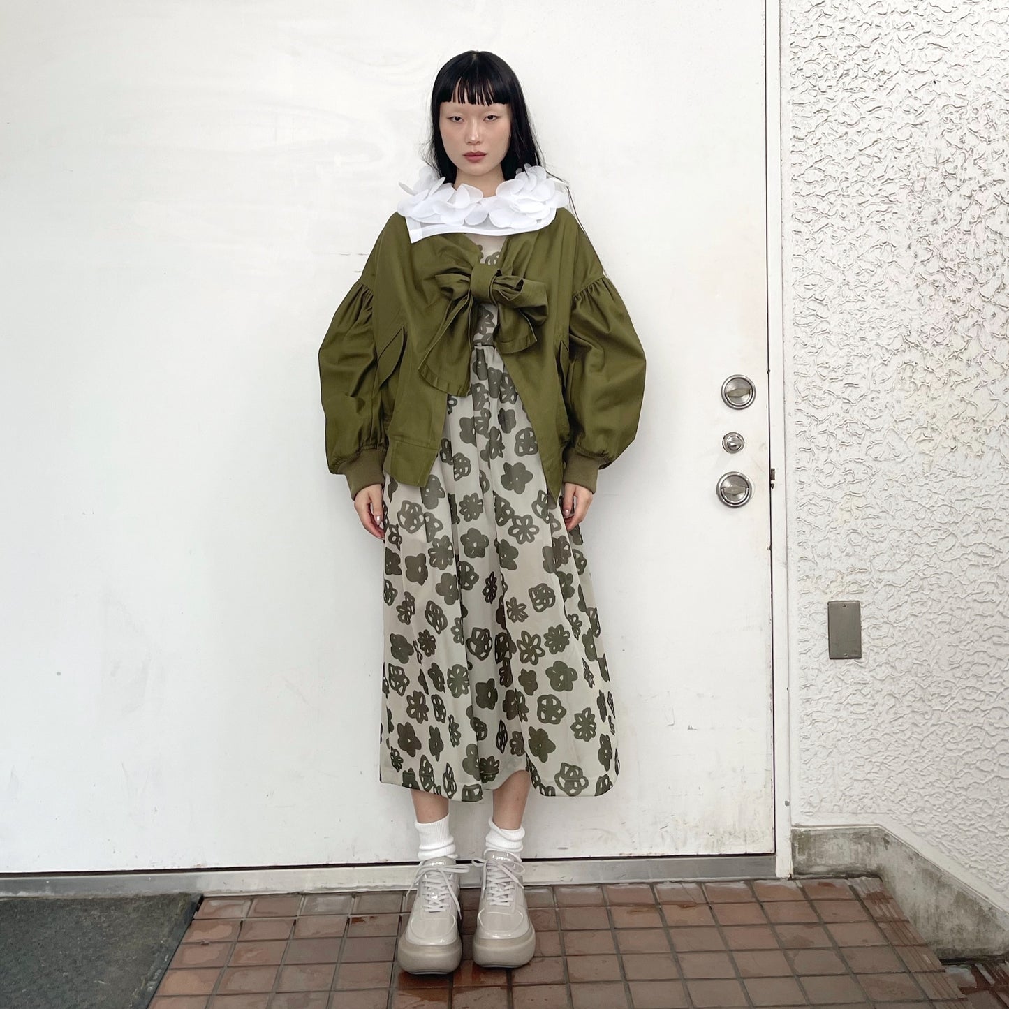See-through flower dress / Olive / シースルーフラワードレス