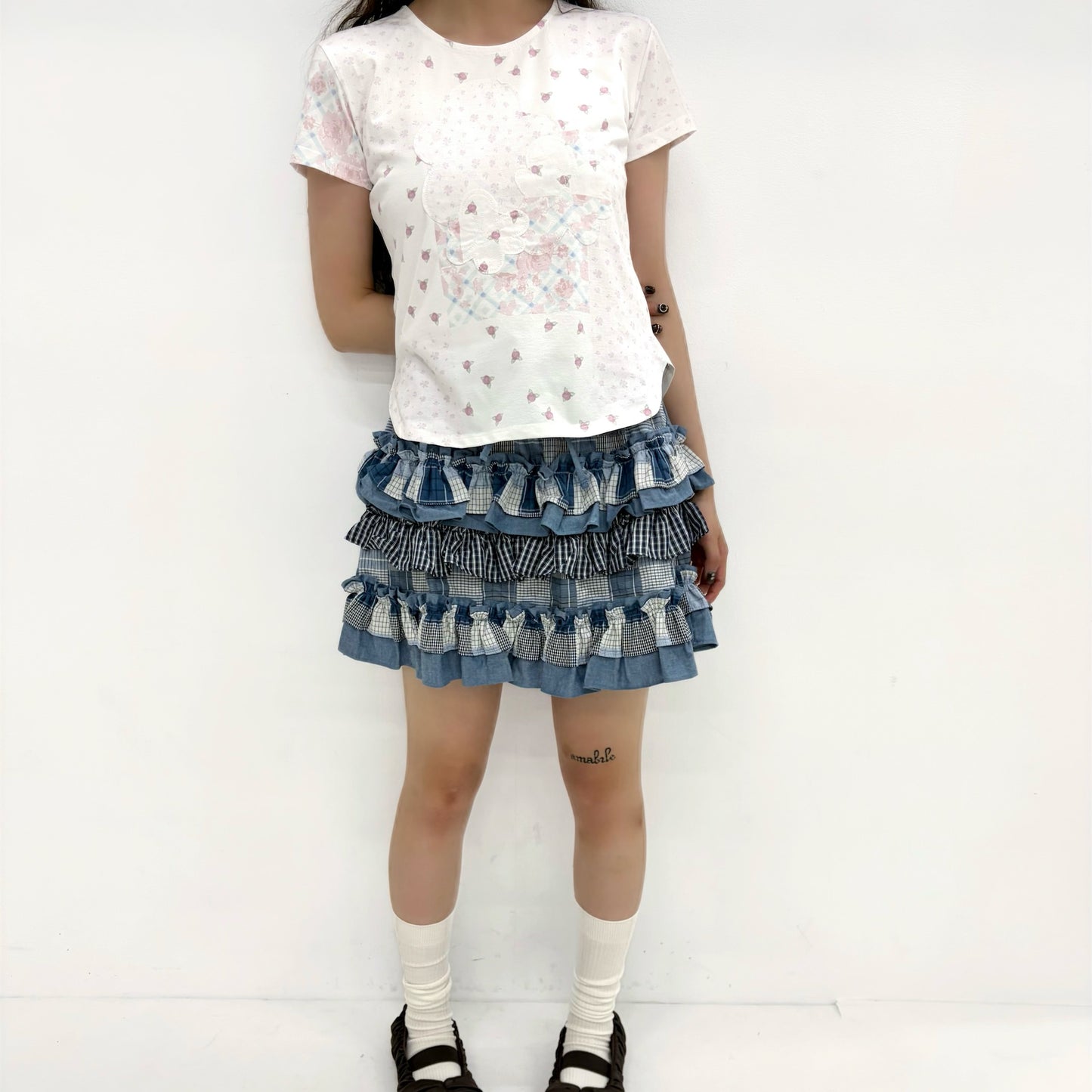 Flower Applique Curve Short Sleeve Top / Pink / フラワーアップリケトップ