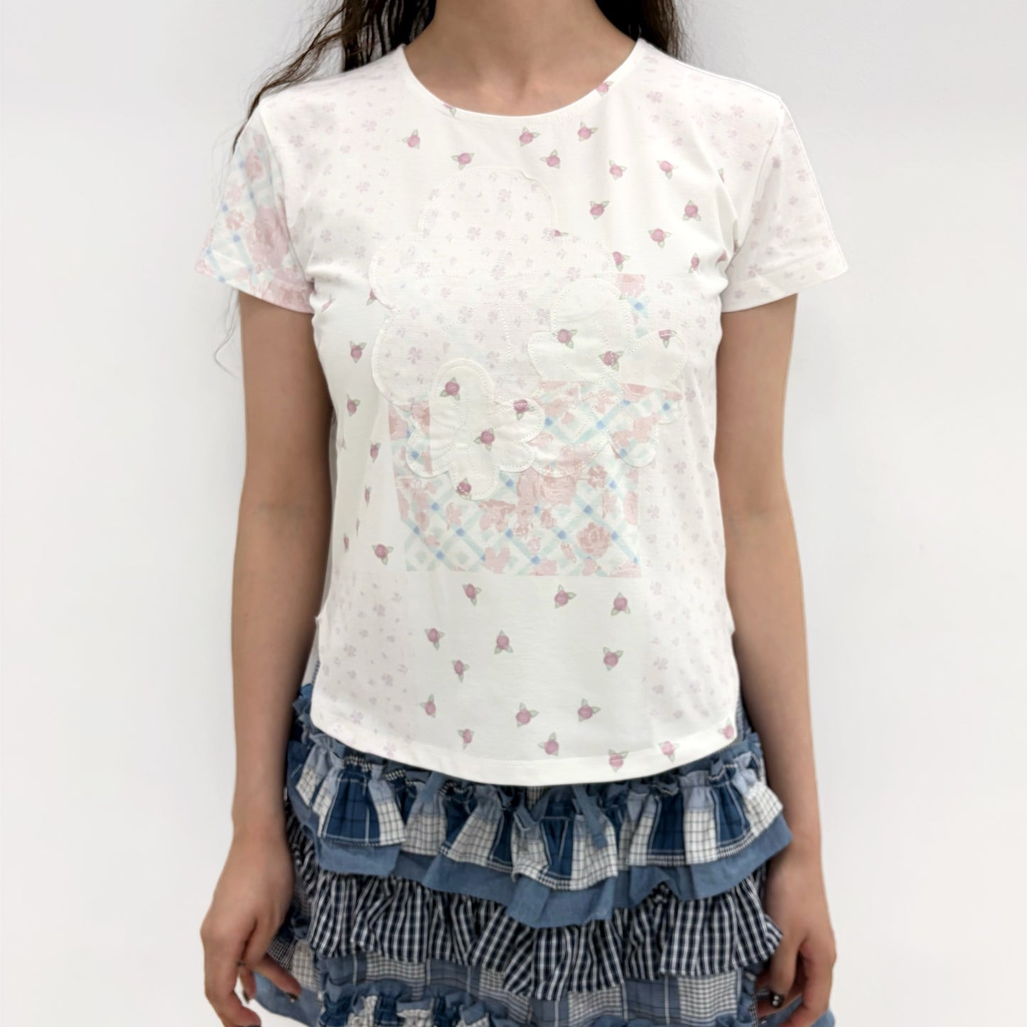 Flower Applique Curve Short Sleeve Top / Pink / フラワーアップリケトップ