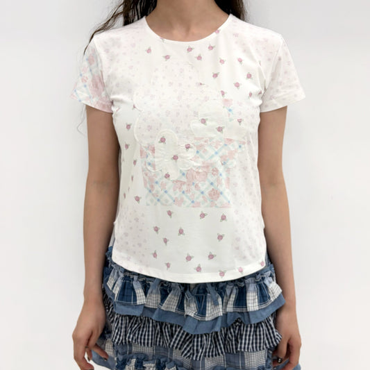 Flower Applique Curve Short Sleeve Top / Pink / フラワーアップリケトップ