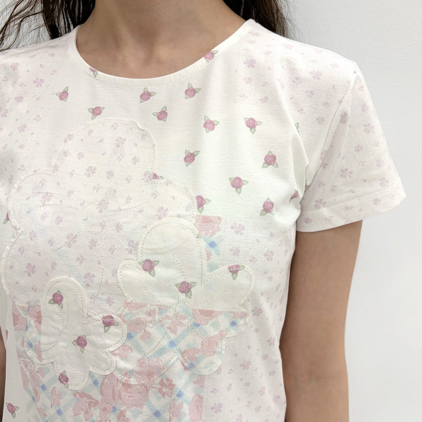 Flower Applique Curve Short Sleeve Top / Pink / フラワーアップリケトップ