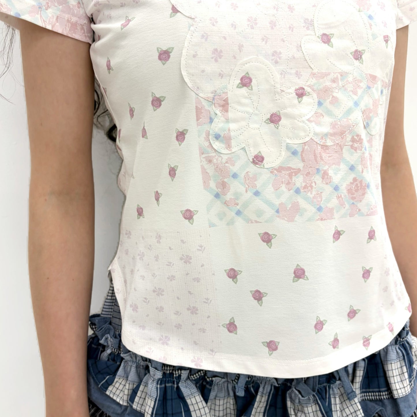 Flower Applique Curve Short Sleeve Top / Pink / フラワーアップリケトップ