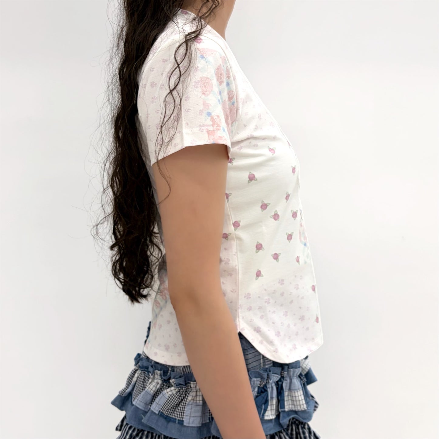 Flower Applique Curve Short Sleeve Top / Pink / フラワーアップリケトップ