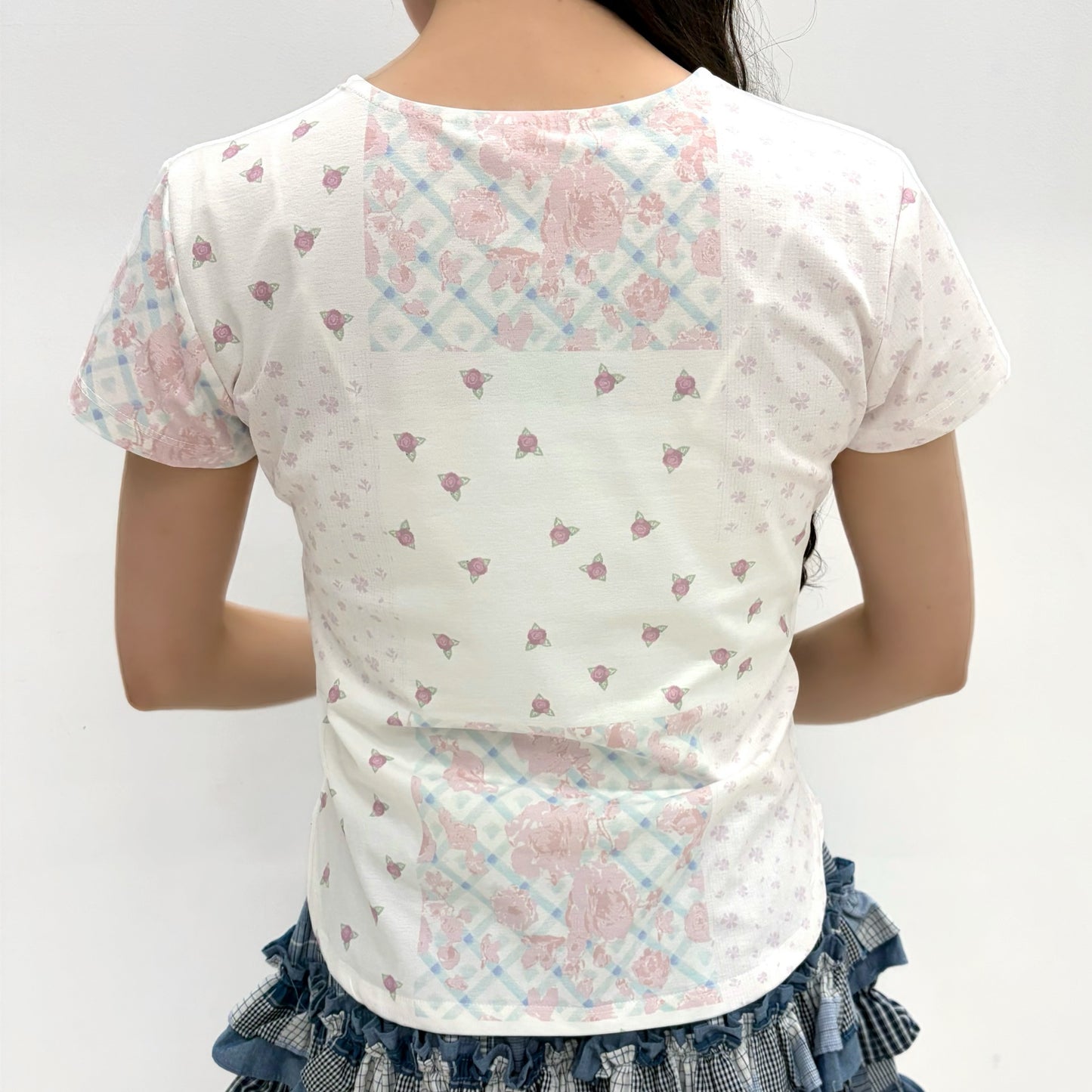 Flower Applique Curve Short Sleeve Top / Pink / フラワーアップリケトップ