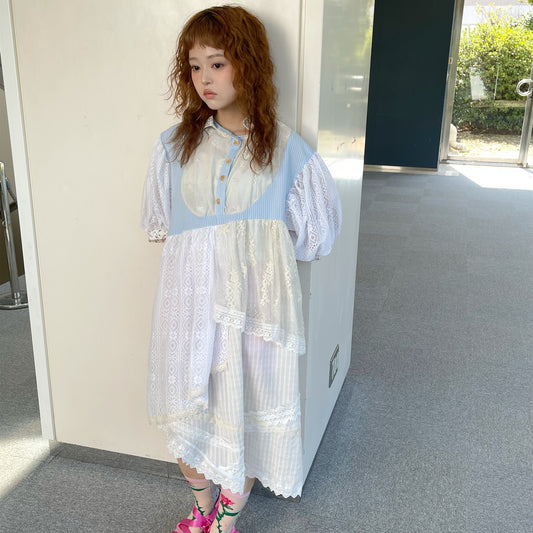 Free hand dress / White × Blue / フリーハンドドレス