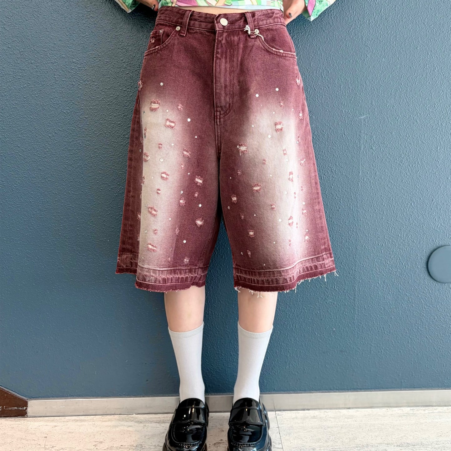 Damaged Stone Bermuda Shorts / Wine / ダメージデニムハーフパンツ