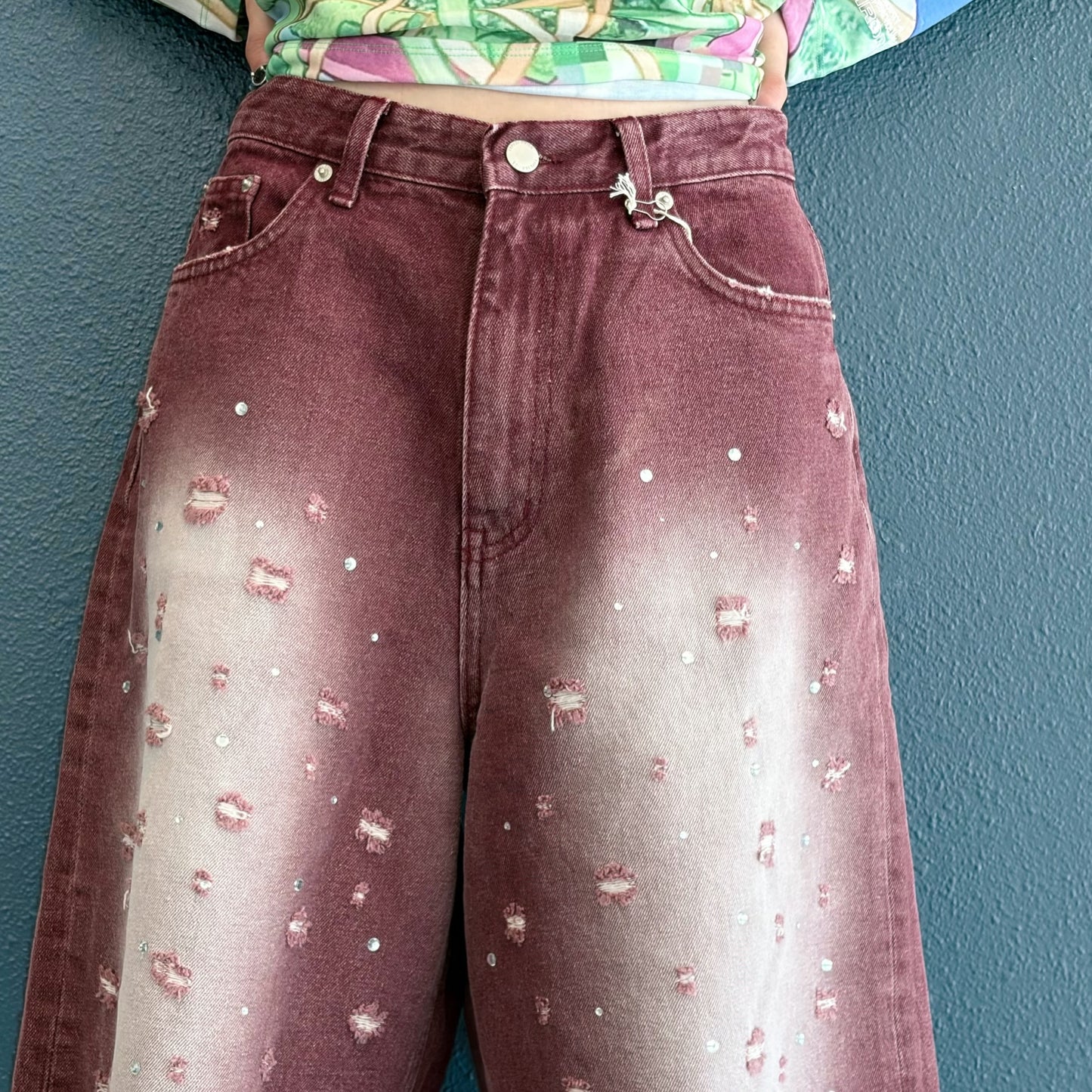 Damaged Stone Bermuda Shorts / Wine / ダメージデニムハーフパンツ