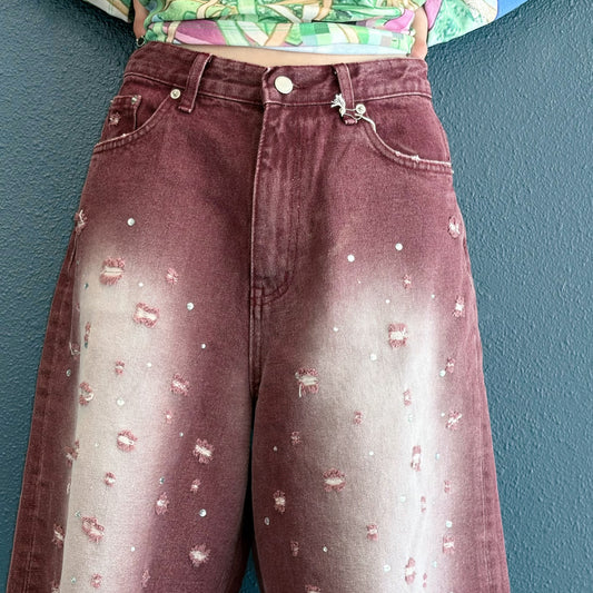 Damaged Stone Bermuda Shorts / Wine / ダメージデニムハーフパンツ