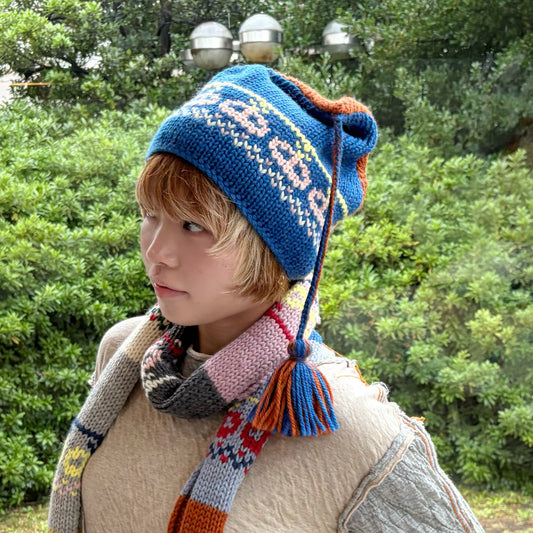 wool ski lift knit cap / blue x brown / ウールニットキャップ