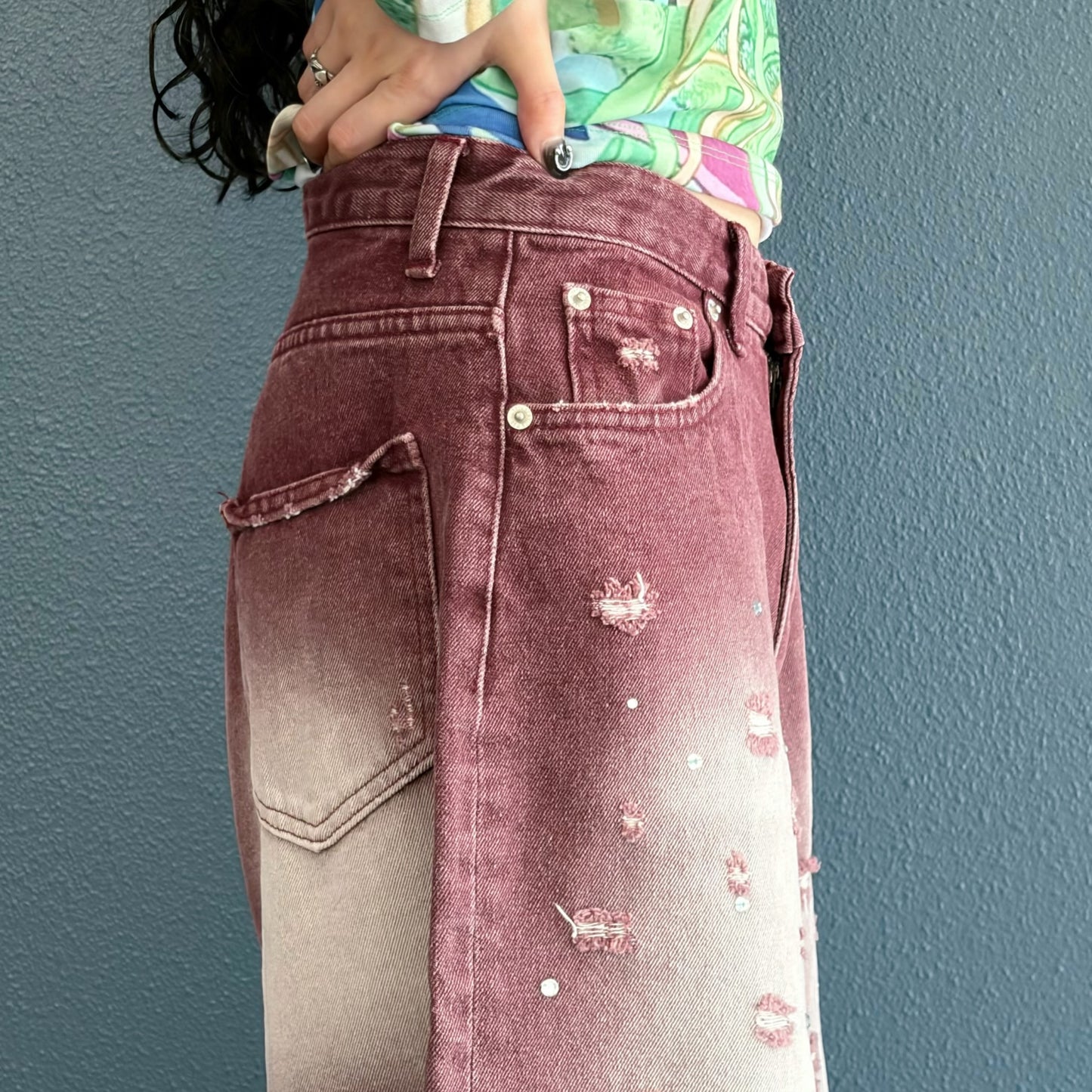 Damaged Stone Bermuda Shorts / Wine / ダメージデニムハーフパンツ