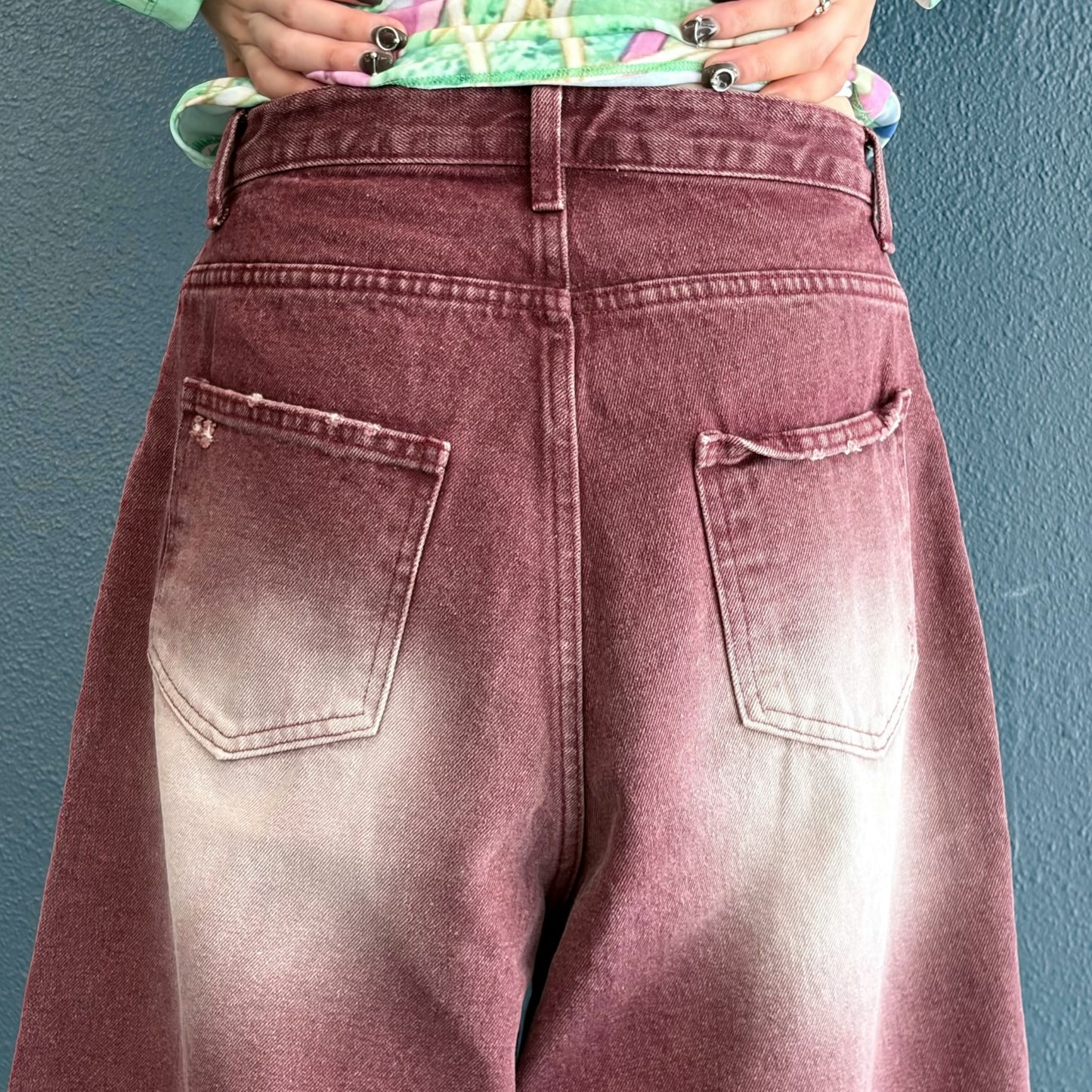 Damaged Stone Bermuda Shorts / Wine / ダメージデニムハーフパンツ