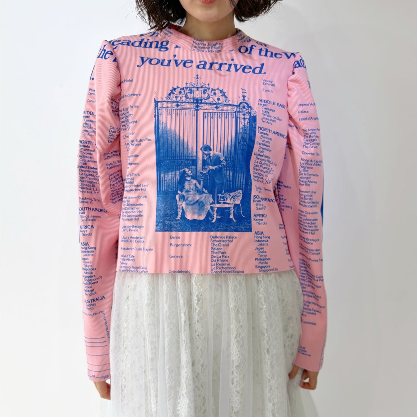 PRINT RIB PUFF SLEEVE CUTSEW / PINK /プリントリブパフスリーブカットソー