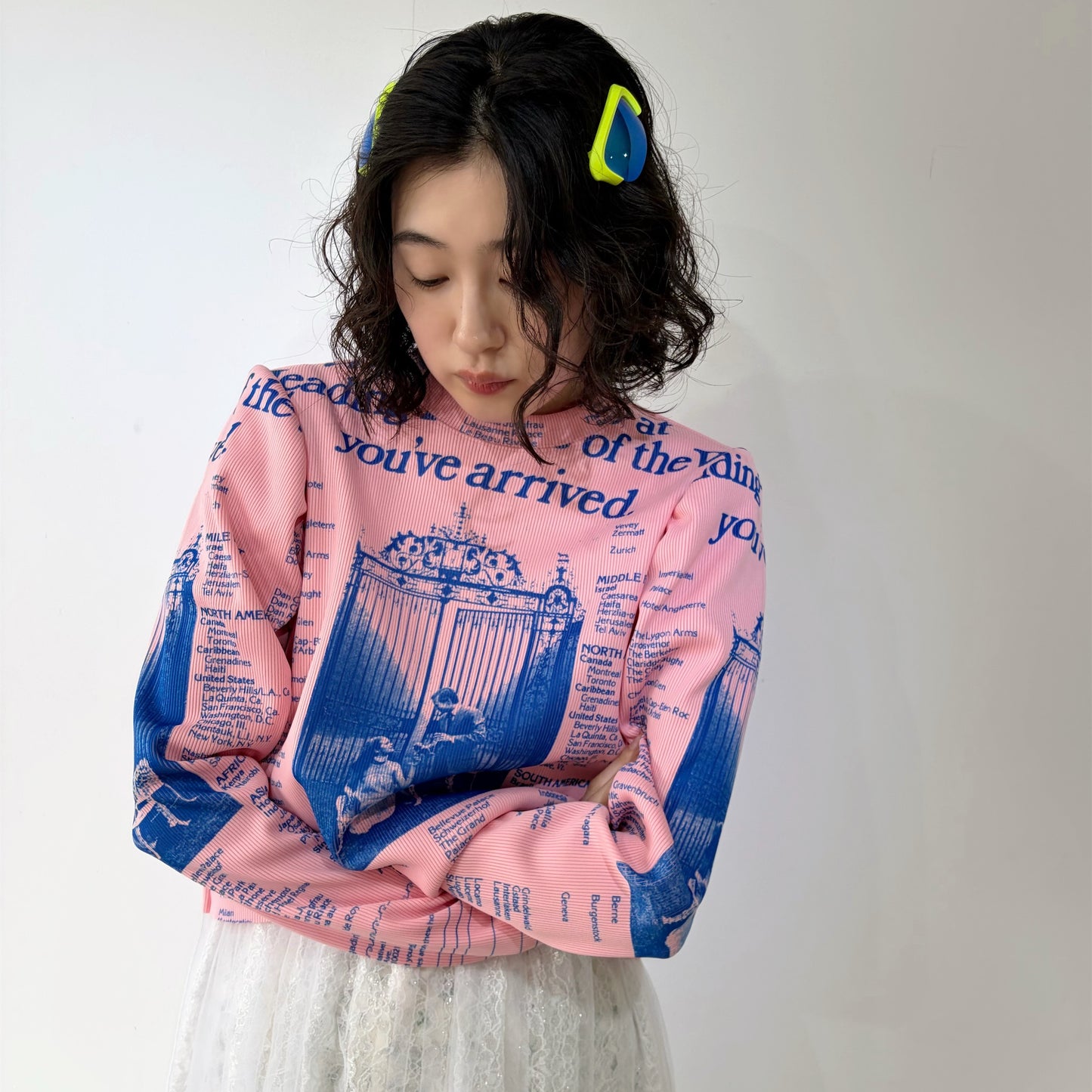 PRINT RIB PUFF SLEEVE CUTSEW / PINK /プリントリブパフスリーブカットソー