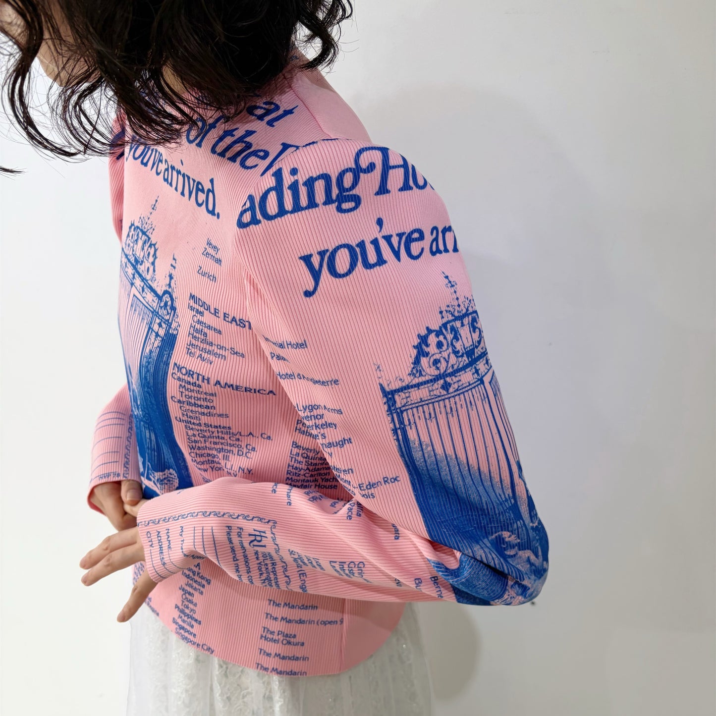 PRINT RIB PUFF SLEEVE CUTSEW / PINK /プリントリブパフスリーブカットソー